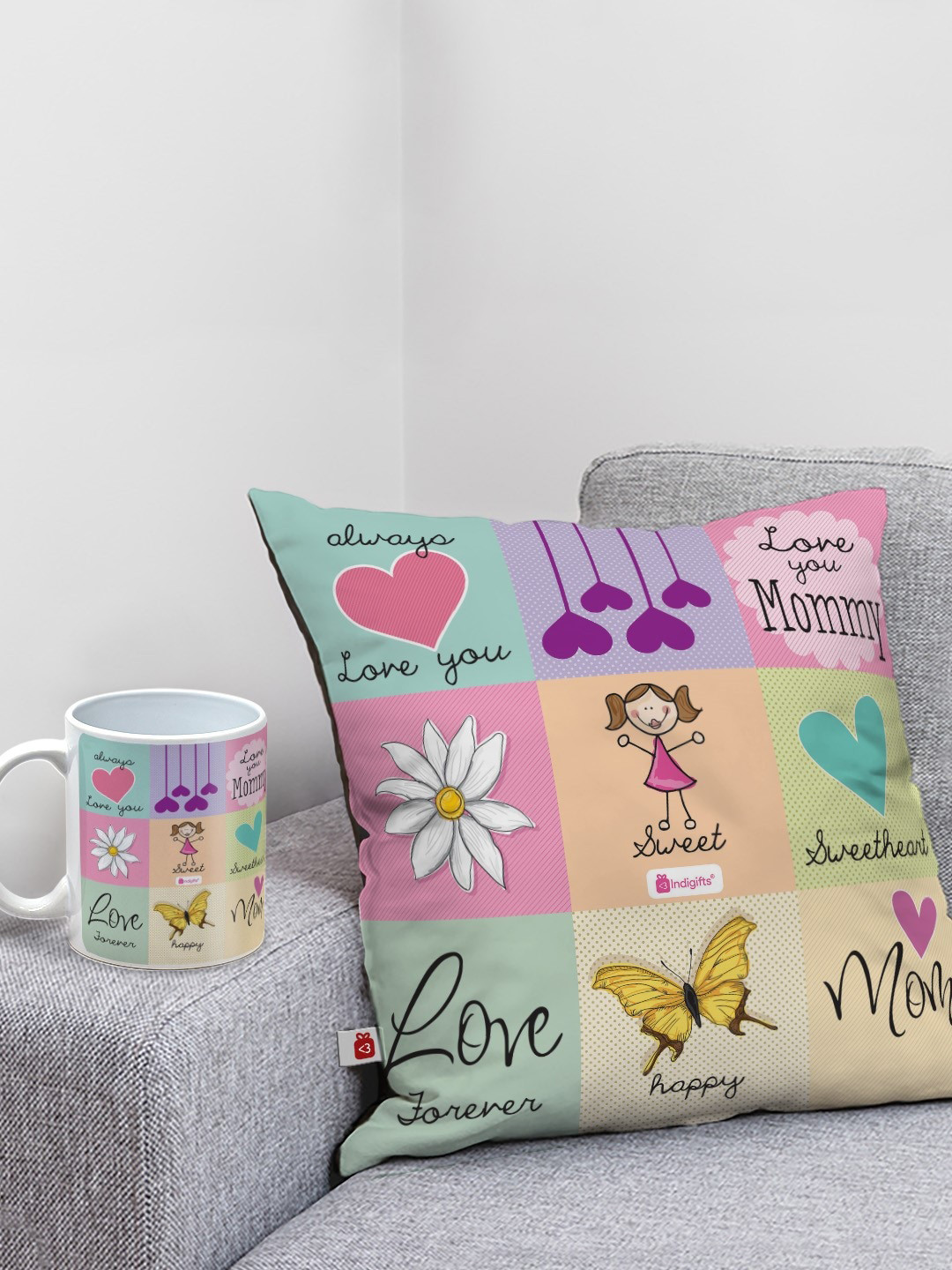 Indigifts Purple & Pink Love You Mommy Printed Pre-Filled Cushion with Ceramic Coffee Mug
