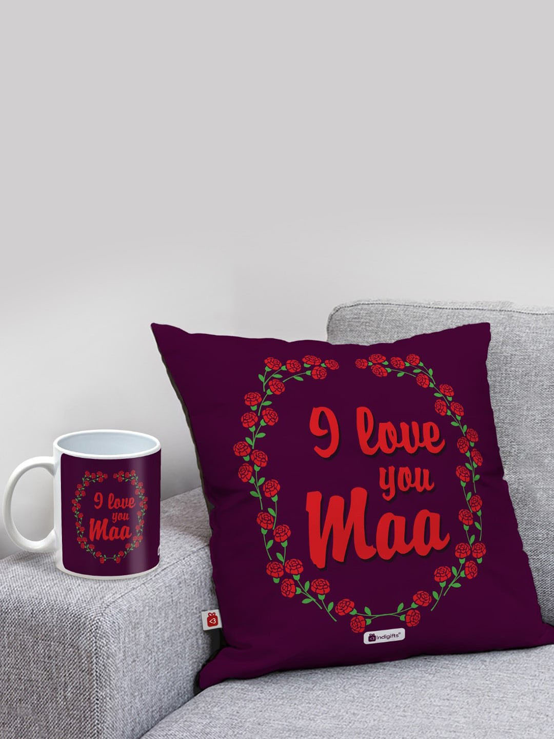 Indigifts 2-Pcs Purple & Red Quote Printed Cushion And Coffee Mug For Mom Gift Set