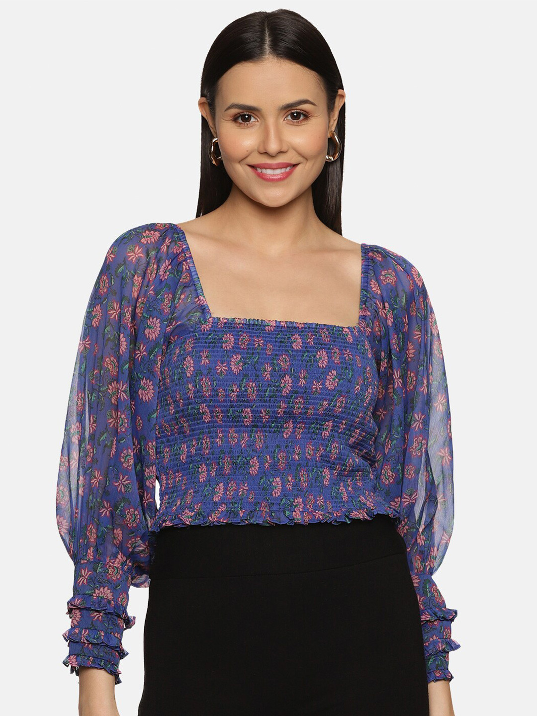 ISU Blue Floral Printed Square Neck Puff Sleeves Smocked Crop Top