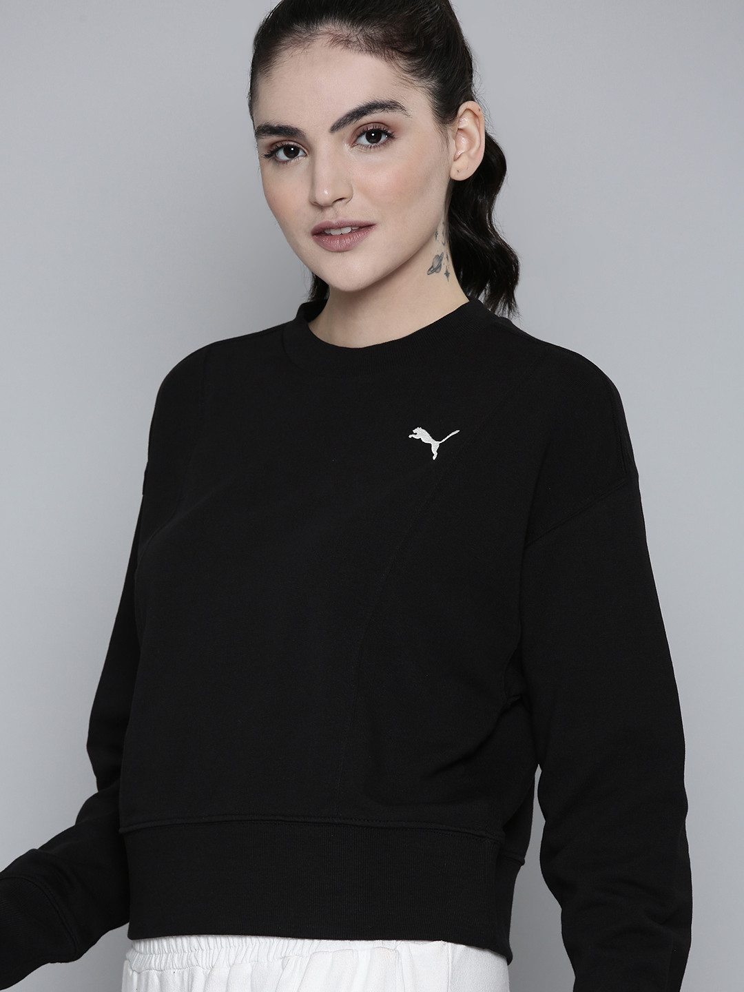 Puma Women Solid Crew Neck Her Knitted Pure Cotton Relaxed Fit Sweatshirt