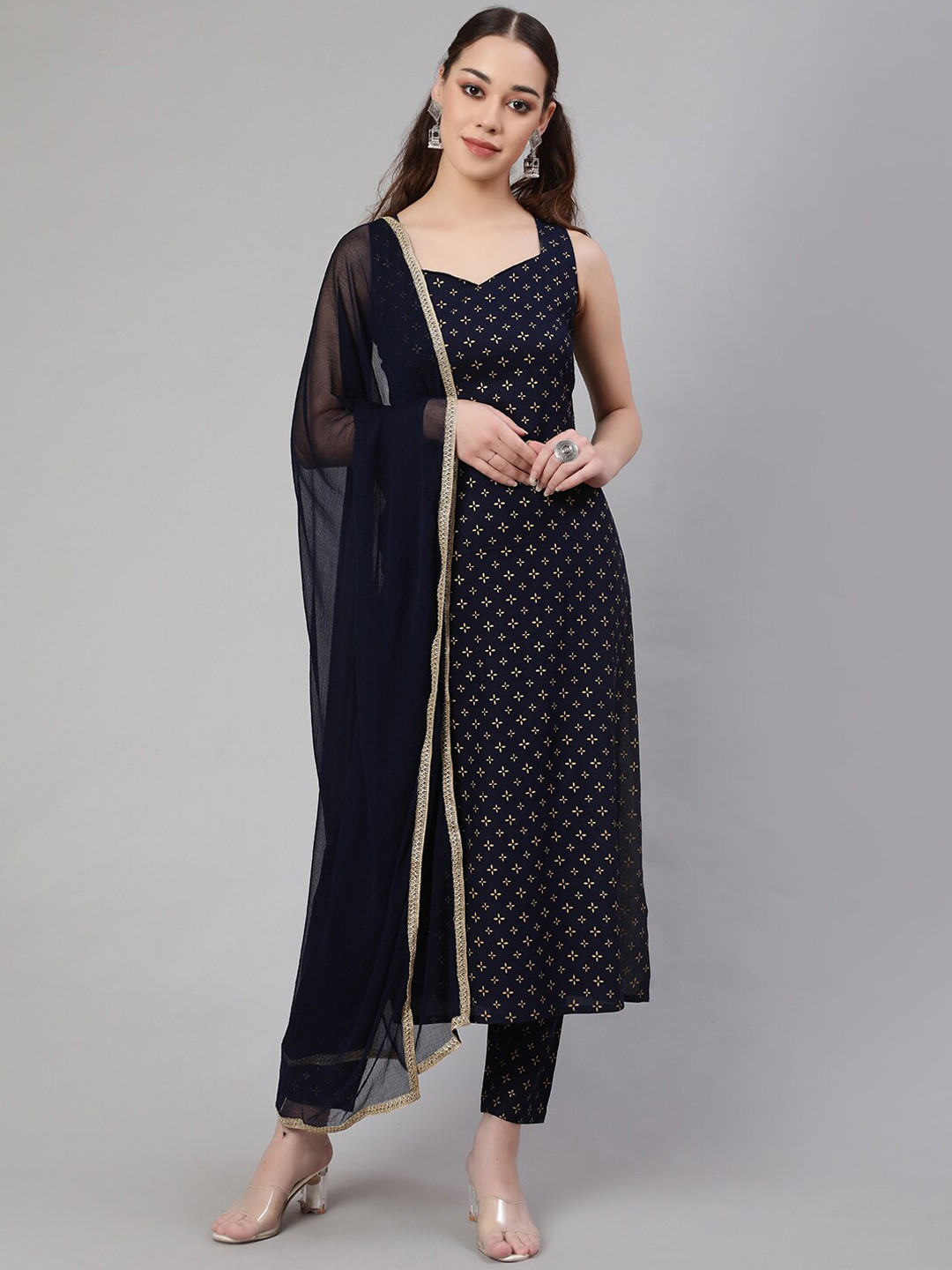 Nayo Black & Gold Toned Ethnic Motifs Printed Pure Cotton Kurta With Trousers & Dupatta