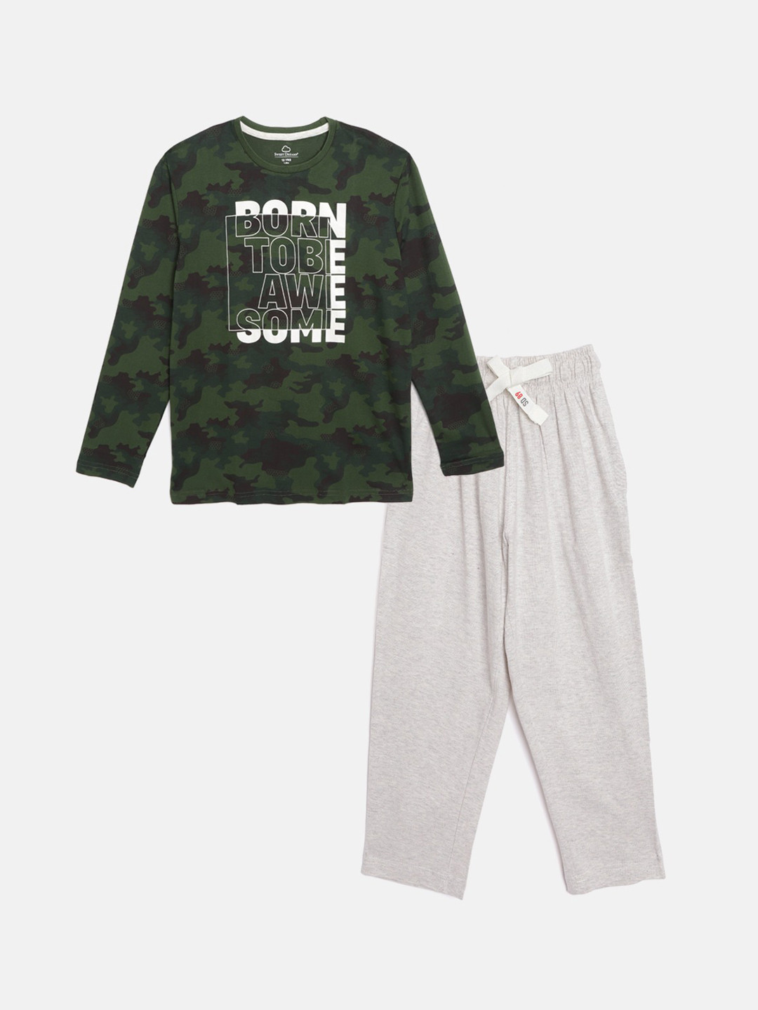 Sweet Dreams Boys Olive Green & Grey Typography Printed Pure Cotton Night Suit
