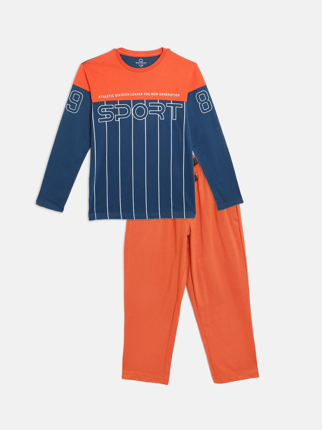 Sweet Dreams Boys Navy Blue & Orange Typography Printed Pure Cotton Night Suit