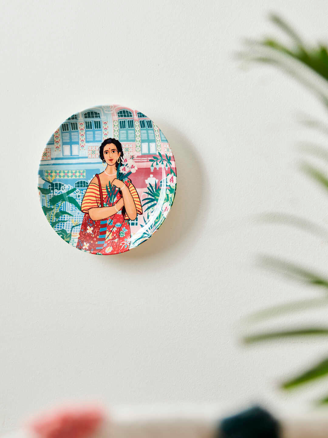 Chumbak Katong Flowershop, Singapore Inspired Ceramic Floral Glossy Wall Plates-23.5In