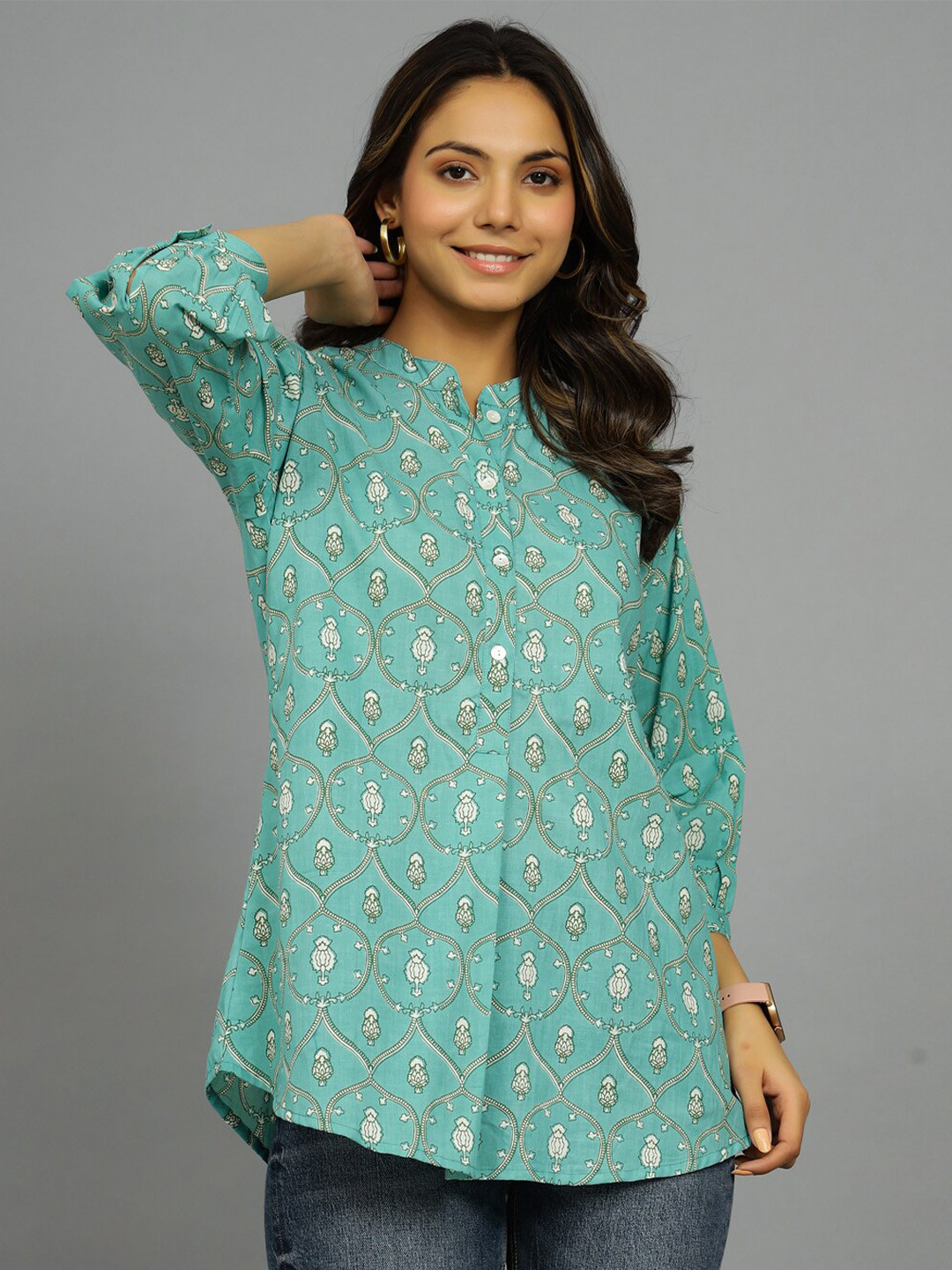 HANDICRAFT PALACE Ethnic Motifs Printed Mandarin Collar Pure Cotton A-Line Top