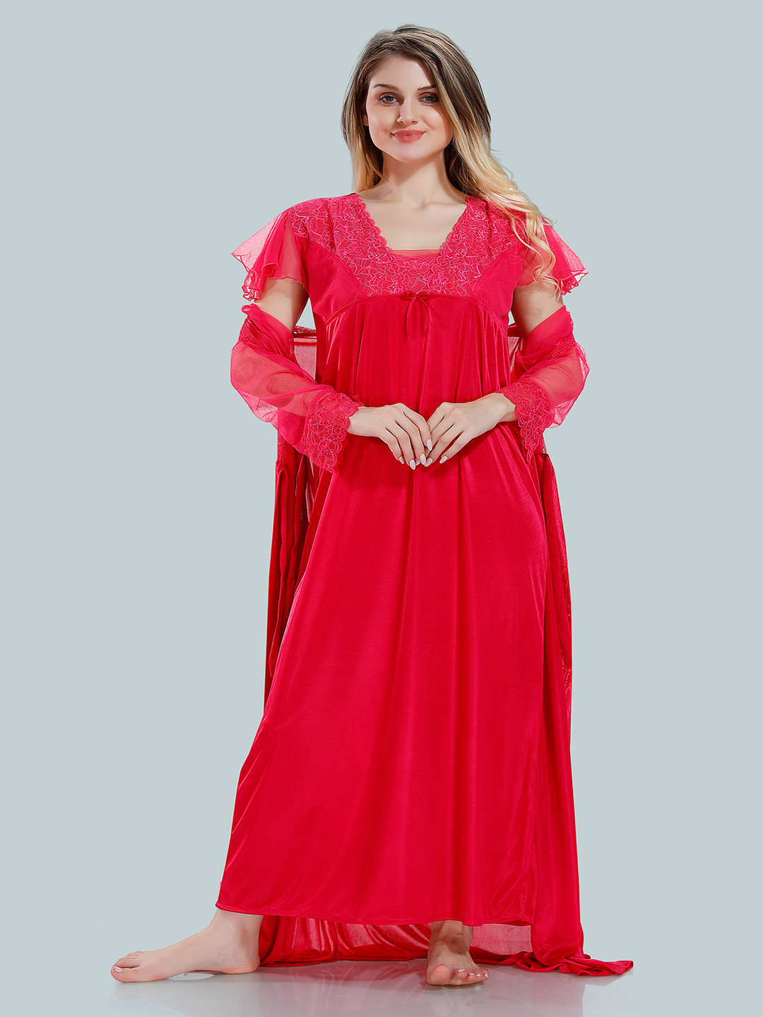 Be You Square Neck Lace Up Details Satin Maxi Nightdress With Robe