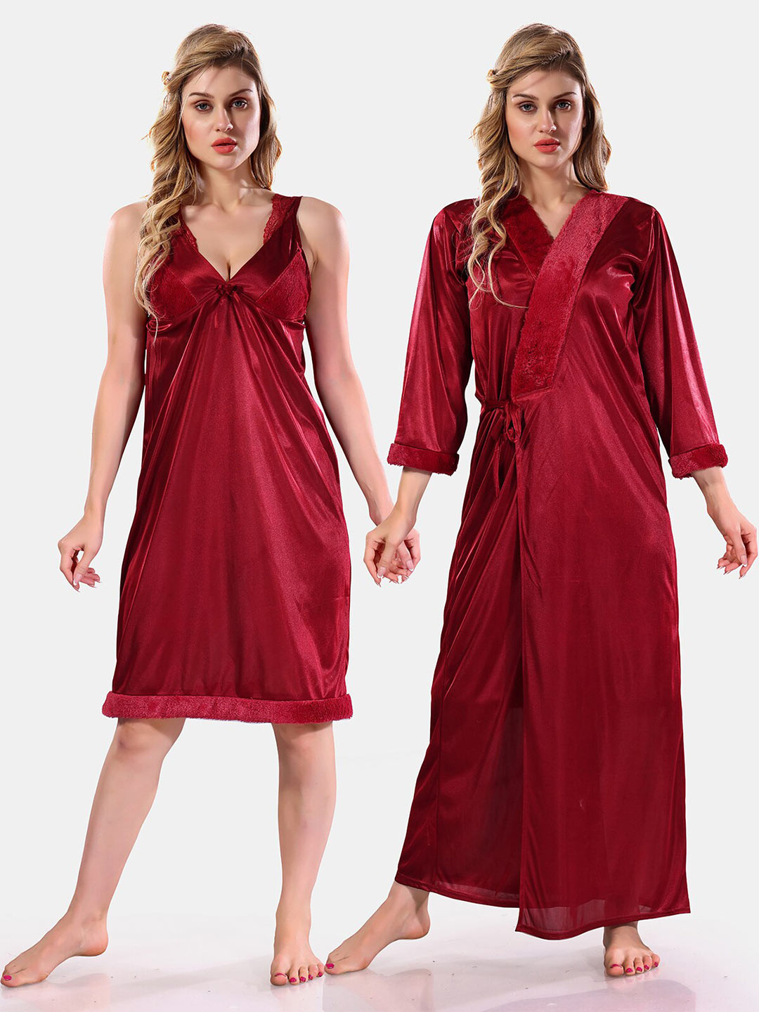 Be You V-Neck Long Sleevs Satin Maxi Nightdress With Robe