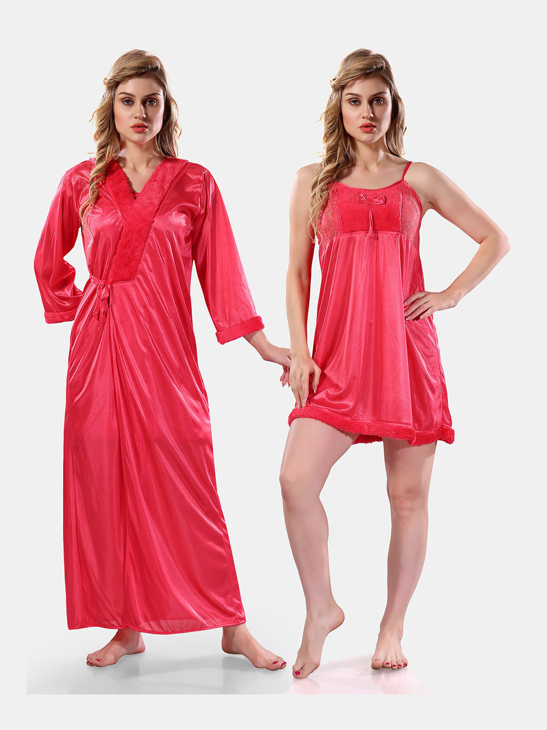 Be You Square Neck Lace Up Details Satin Maxi Nightdress With Robe