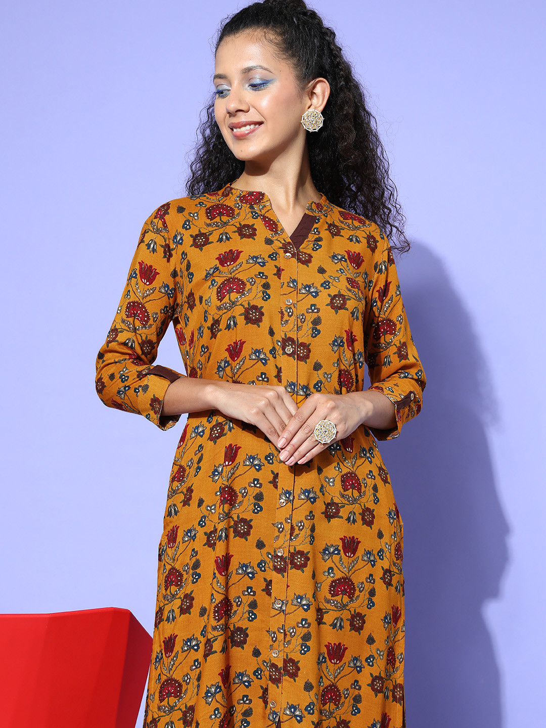 all about you Women Mustard Yellow Floral Printed Regular Zardozi Liva Kurta with Trousers