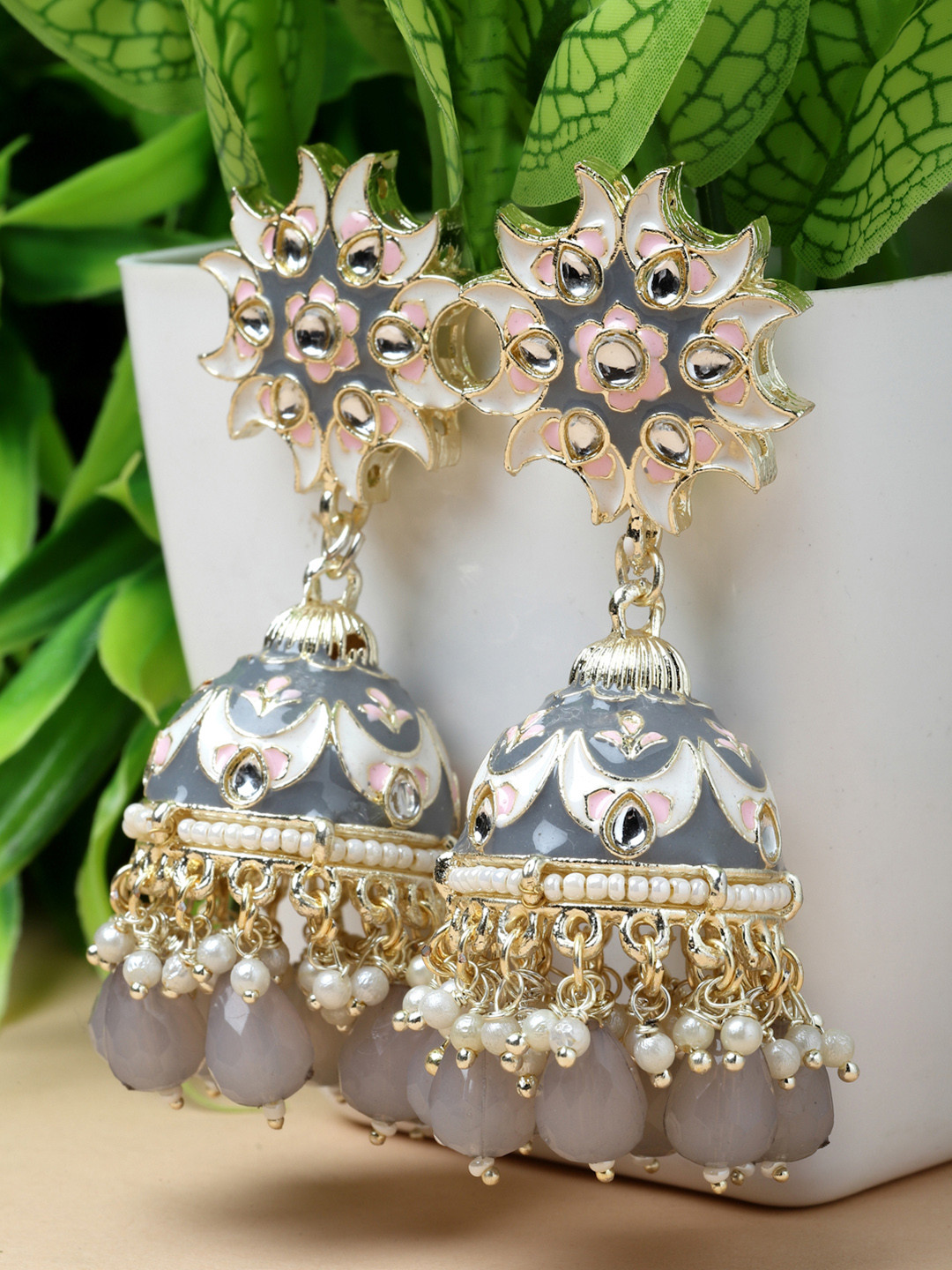 ZENEME Gold Plated Pearl Beaded Half Moon Shaped Meenakari Earrings