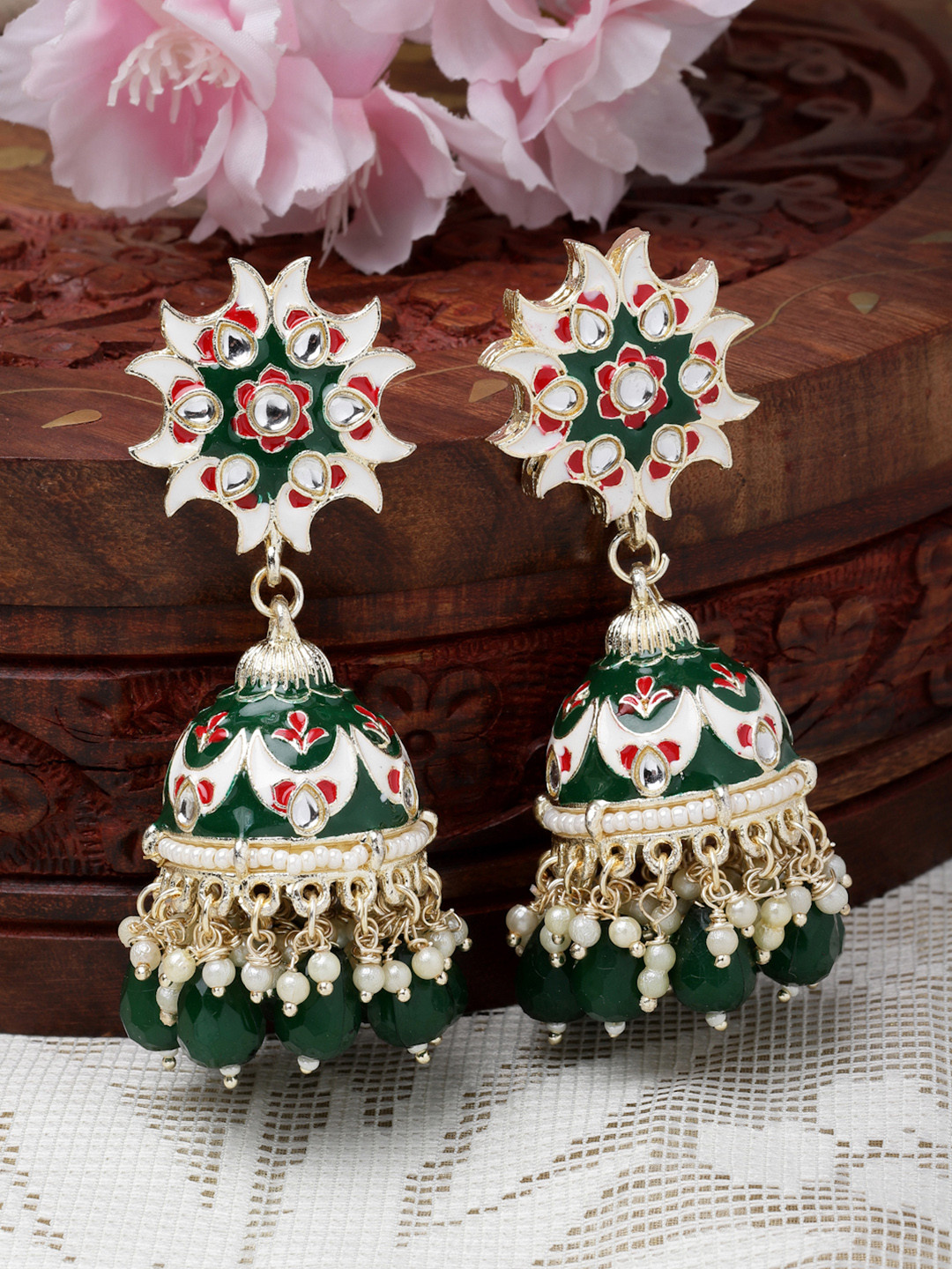 ZENEME Gold Plated Pearl Beaded Half Moon Shaped Meenakari Earrings