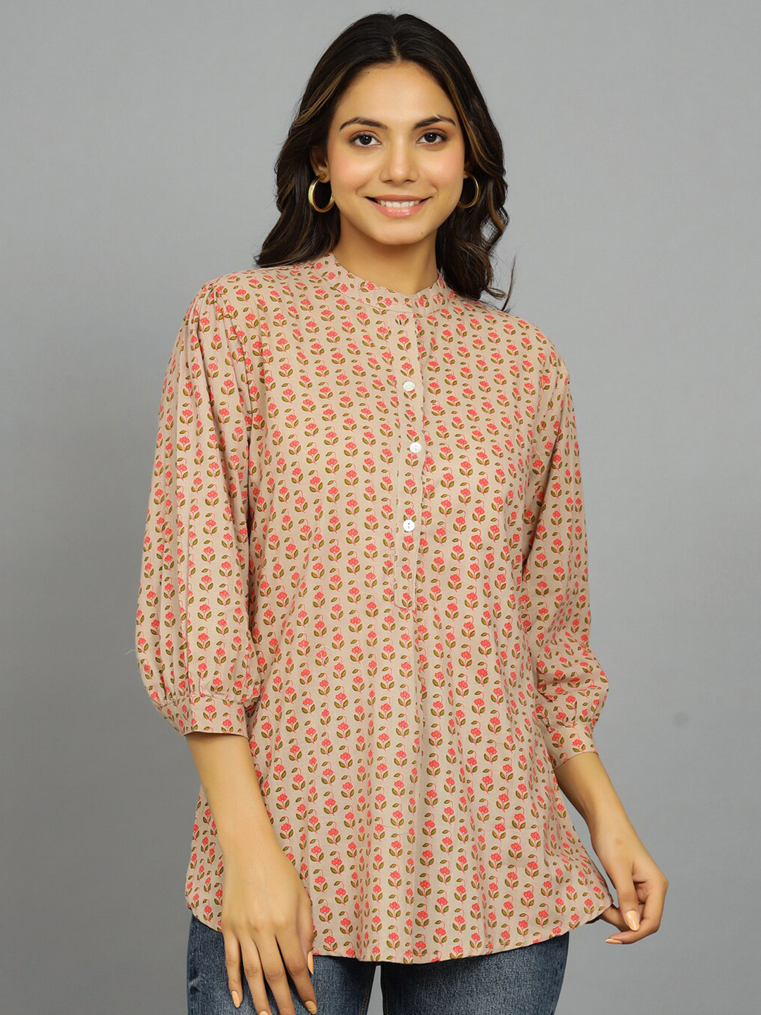 HANDICRAFT PALACE Ethnic Motifs Printed Mandarin Collar Pure Cotton A-Line Top