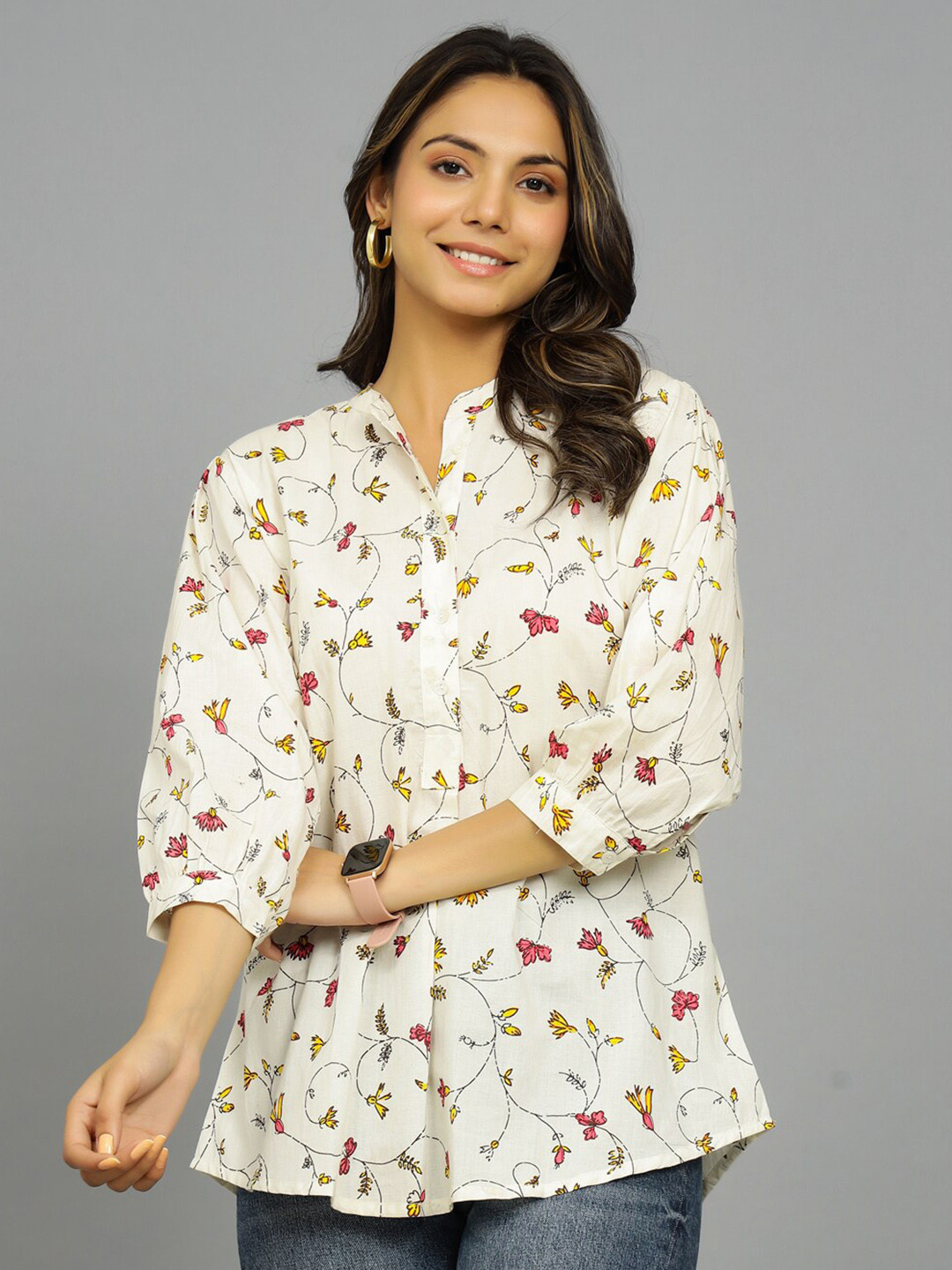 HANDICRAFT PALACE Floral Printed Mandarin Collar Pure Cotton Shirt Style Top