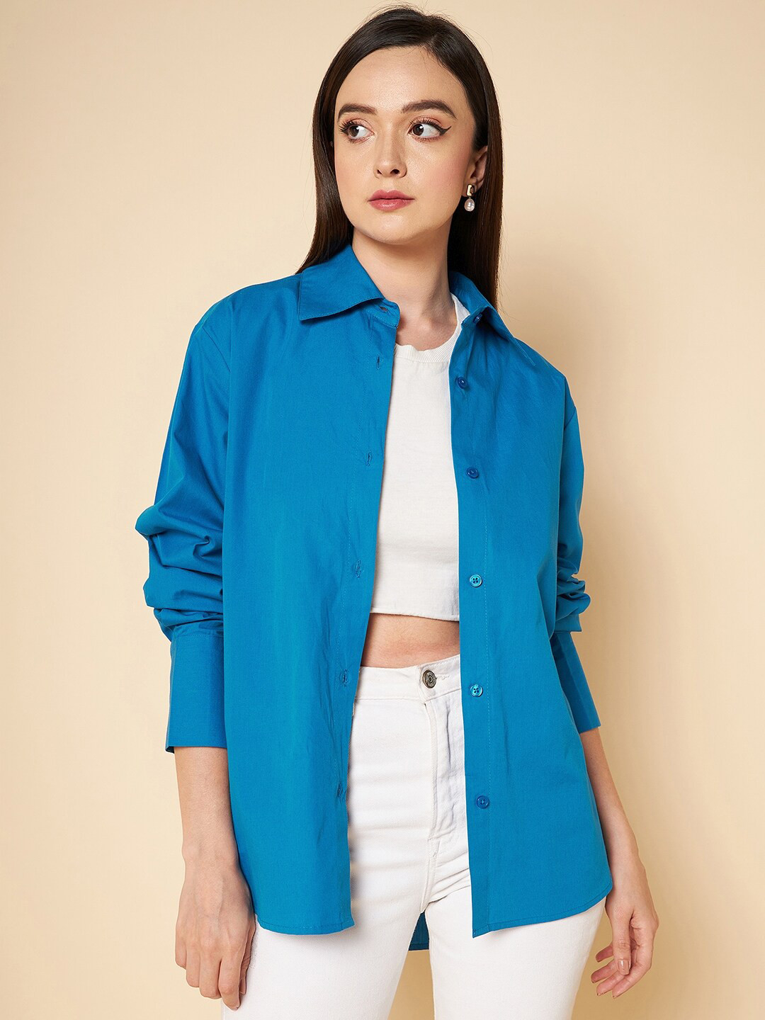 High Star Boxy Fit solid cotton blue casual shirt
