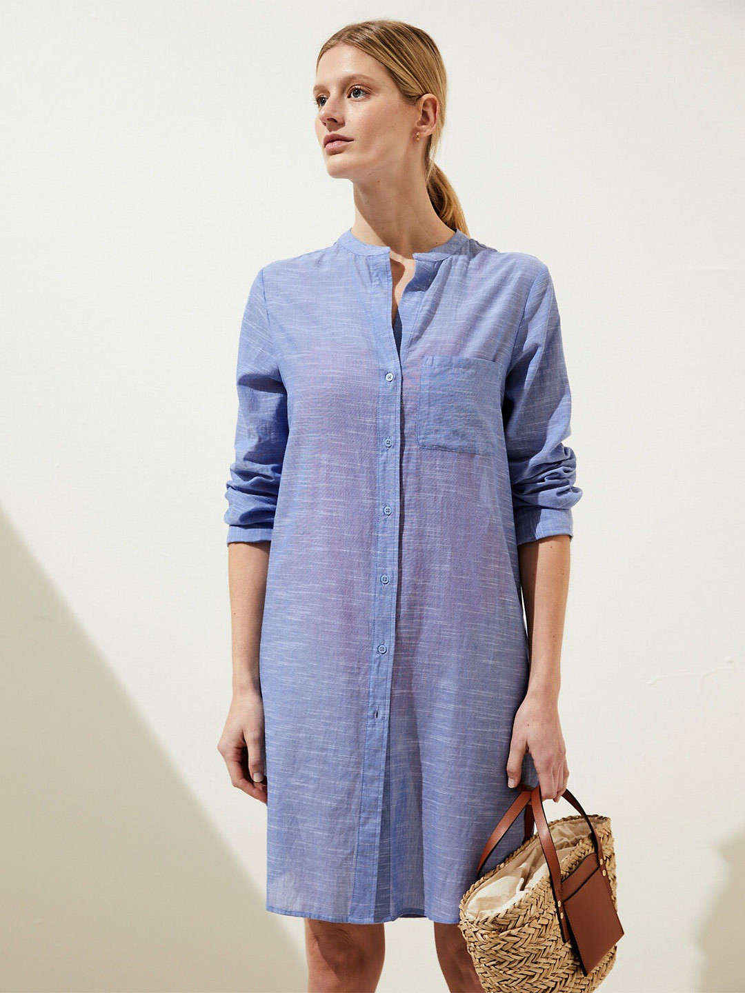 Marks & Spencer Mandarin Collar Knee Length Shirt Dress Swimwear Cover Up Top