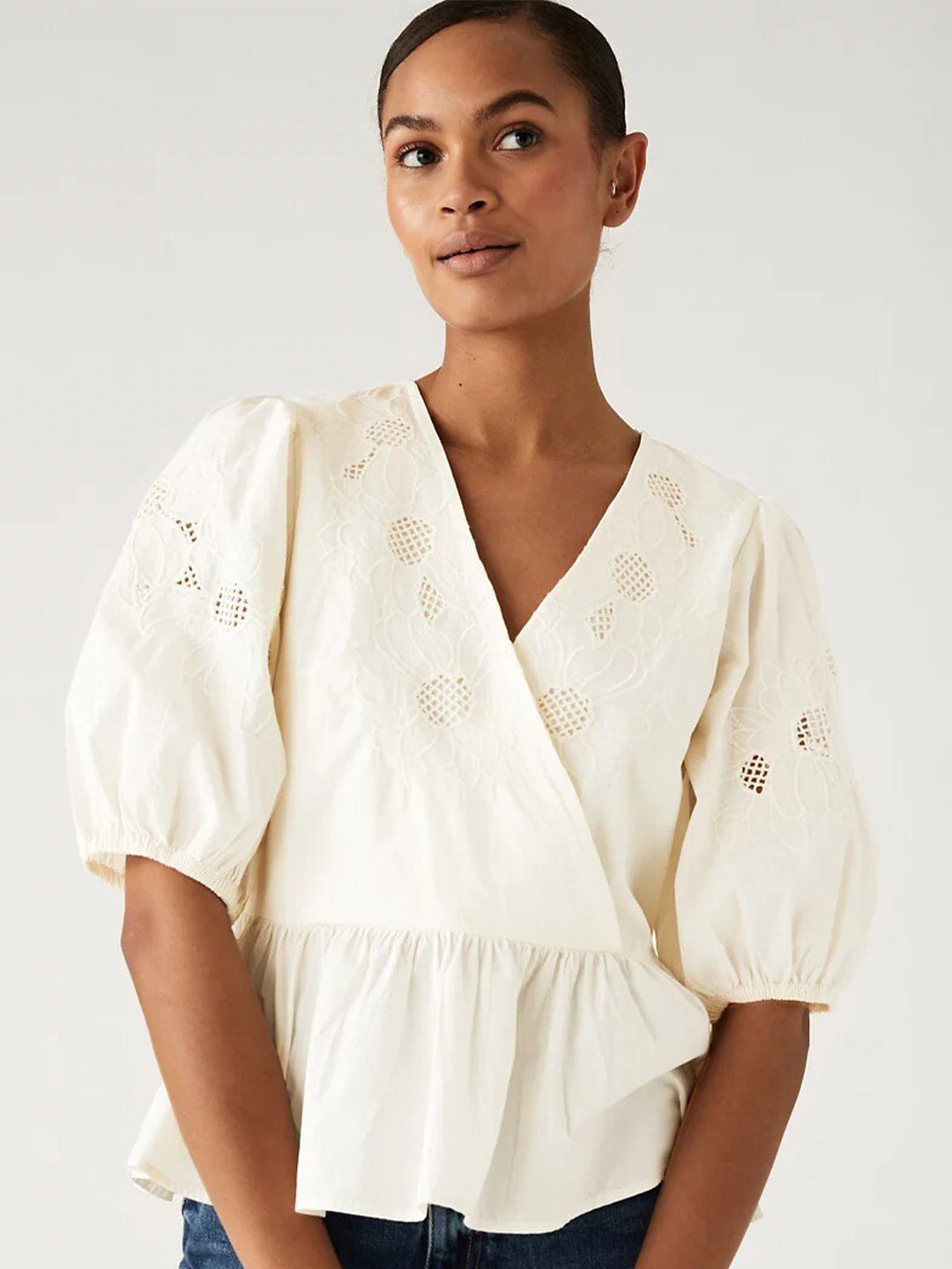 Marks & Spencer Floral Self Design Cotton V-Neck Puff Sleeve Wrap Top