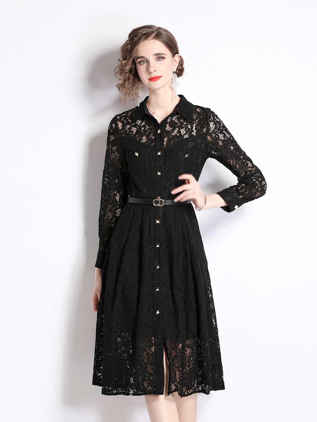 JC Collection Self Design Long Sleeves Midi Shirt Dress