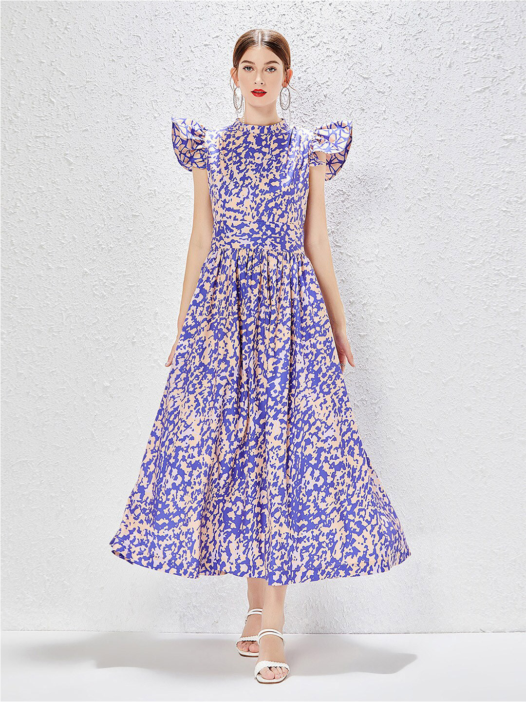 JC Collection Printed Fit & Flare Flutter Sleeves Midi Dress