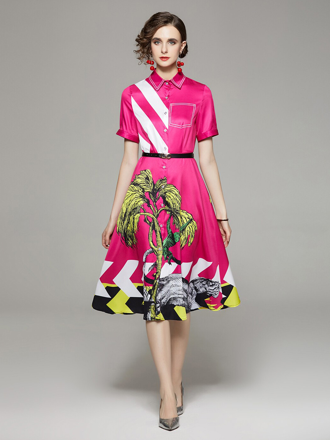 JC Collection Printed Midi Shirt Dress with Belt