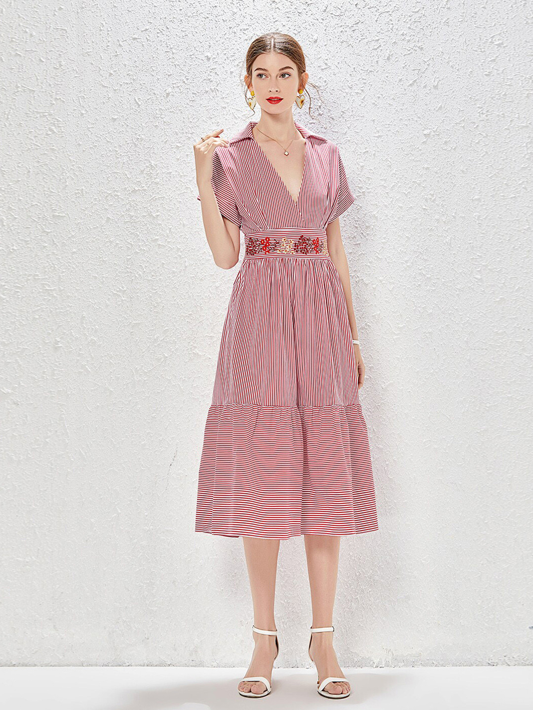 JC Collection Red Striped A-Line Midi Dress