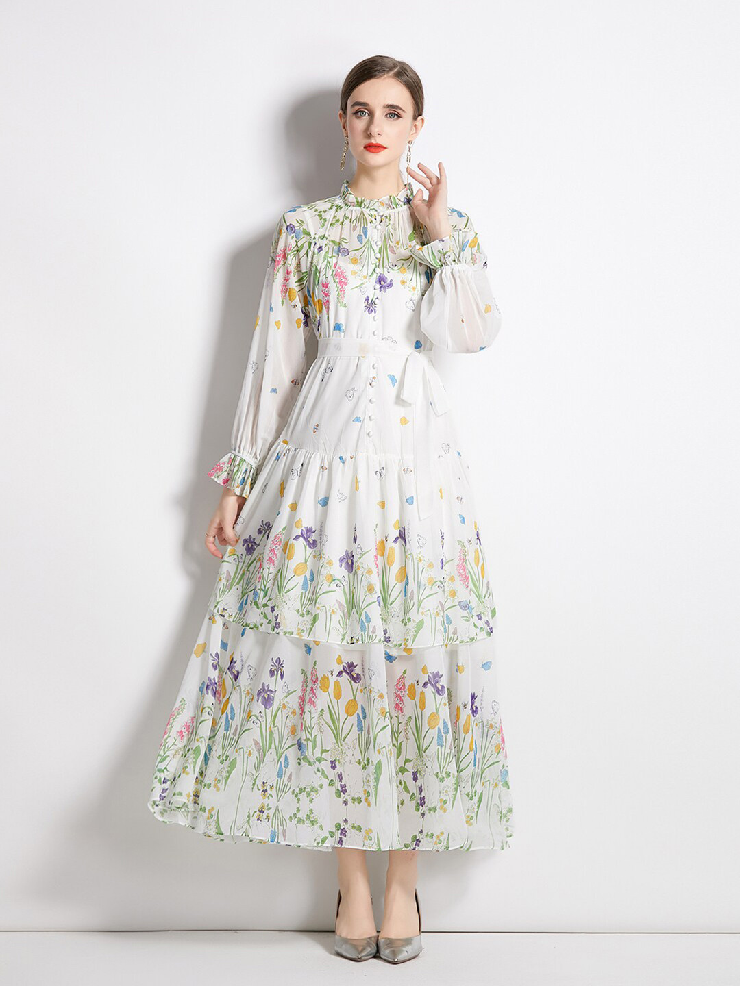 JC Collection Floral Printed Puffed Sleeves Layered Maxi Dress