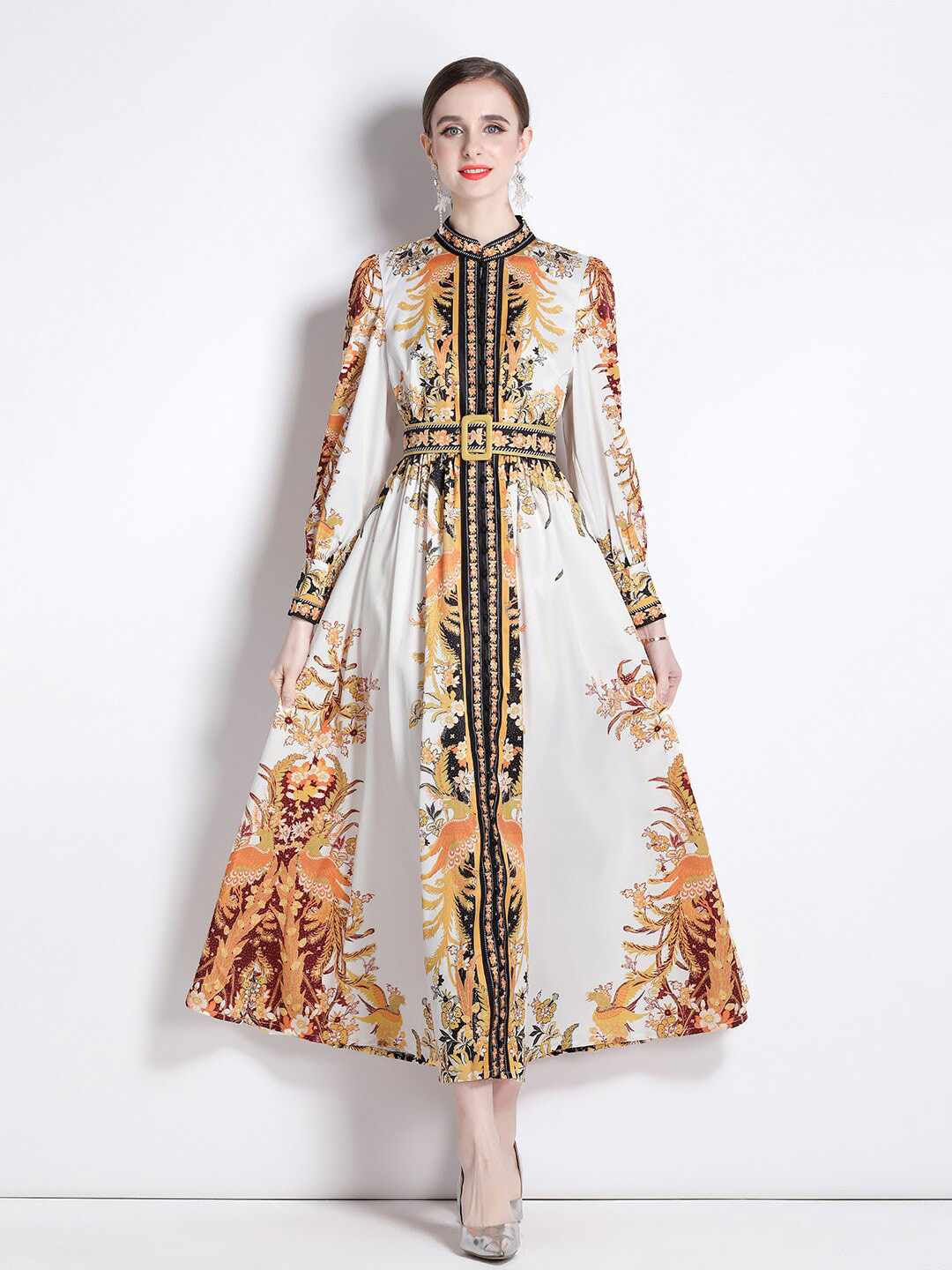 JC Collection Gold-Toned Floral Print Maxi Dress