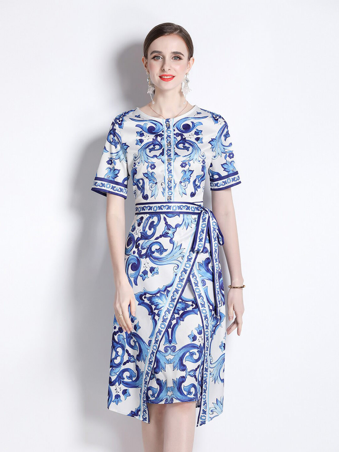 JC Collection Floral Printed Boat Neck Midi A-Line Dress with Belt