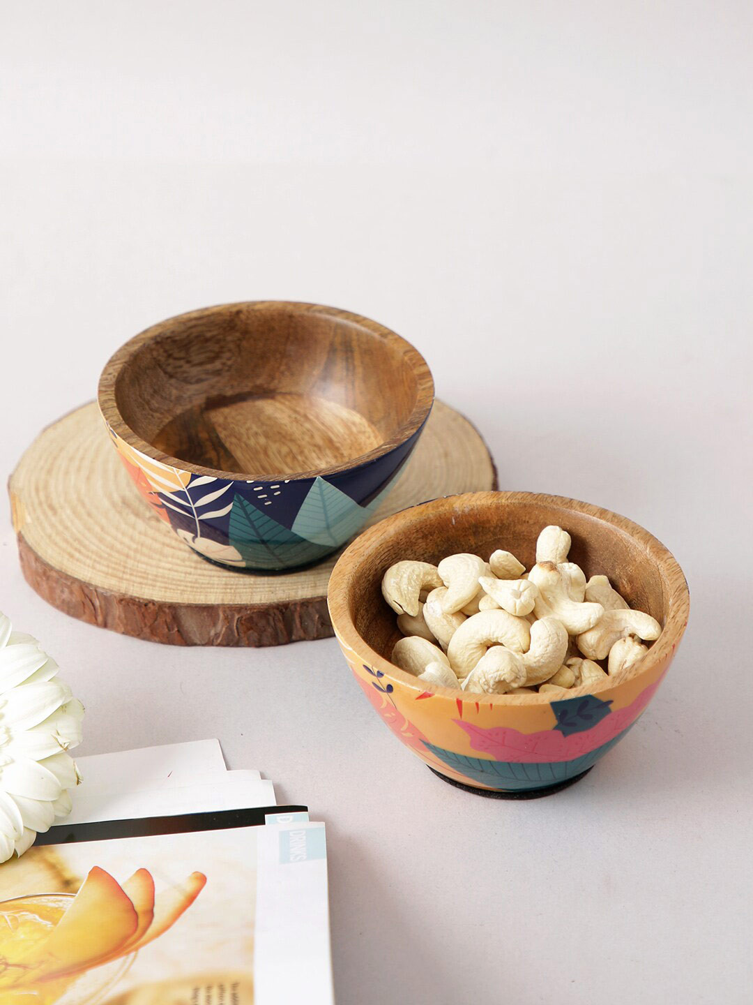 Aapno Rajasthan Brown & Blue 2 Pieces Printed Matte Wood Serving Bowl With Enamel Coating