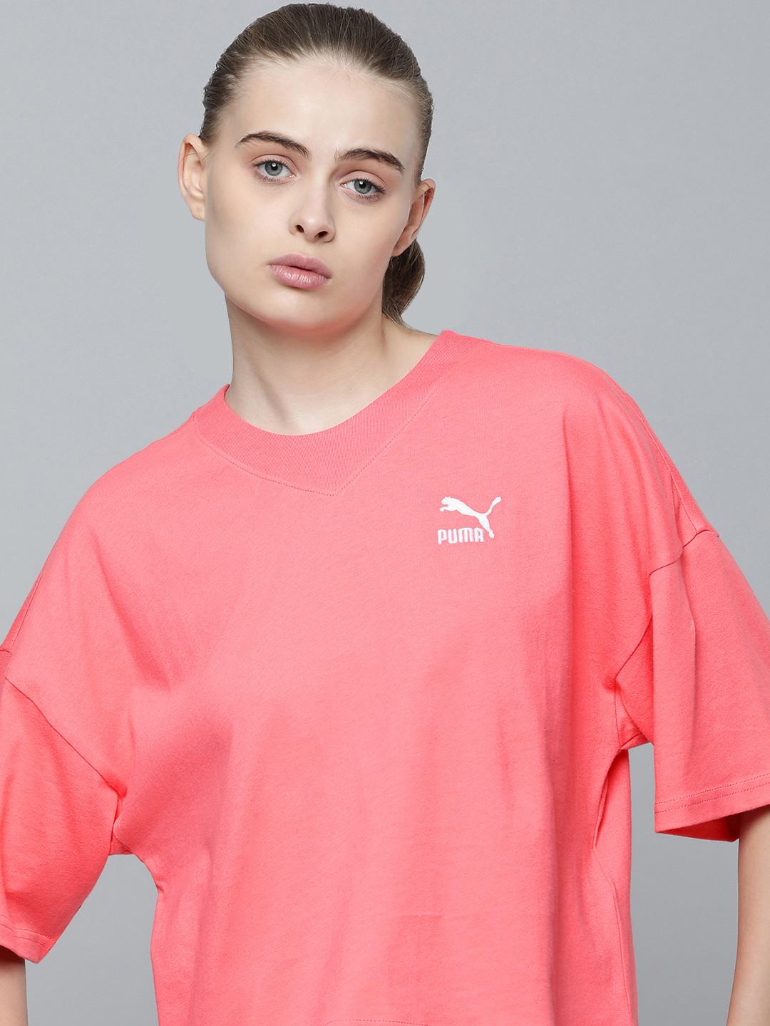 Puma Women Solid Drop-Shoulder Sleeves Pure Cotton Classics Oversized Outdoor T-shirt