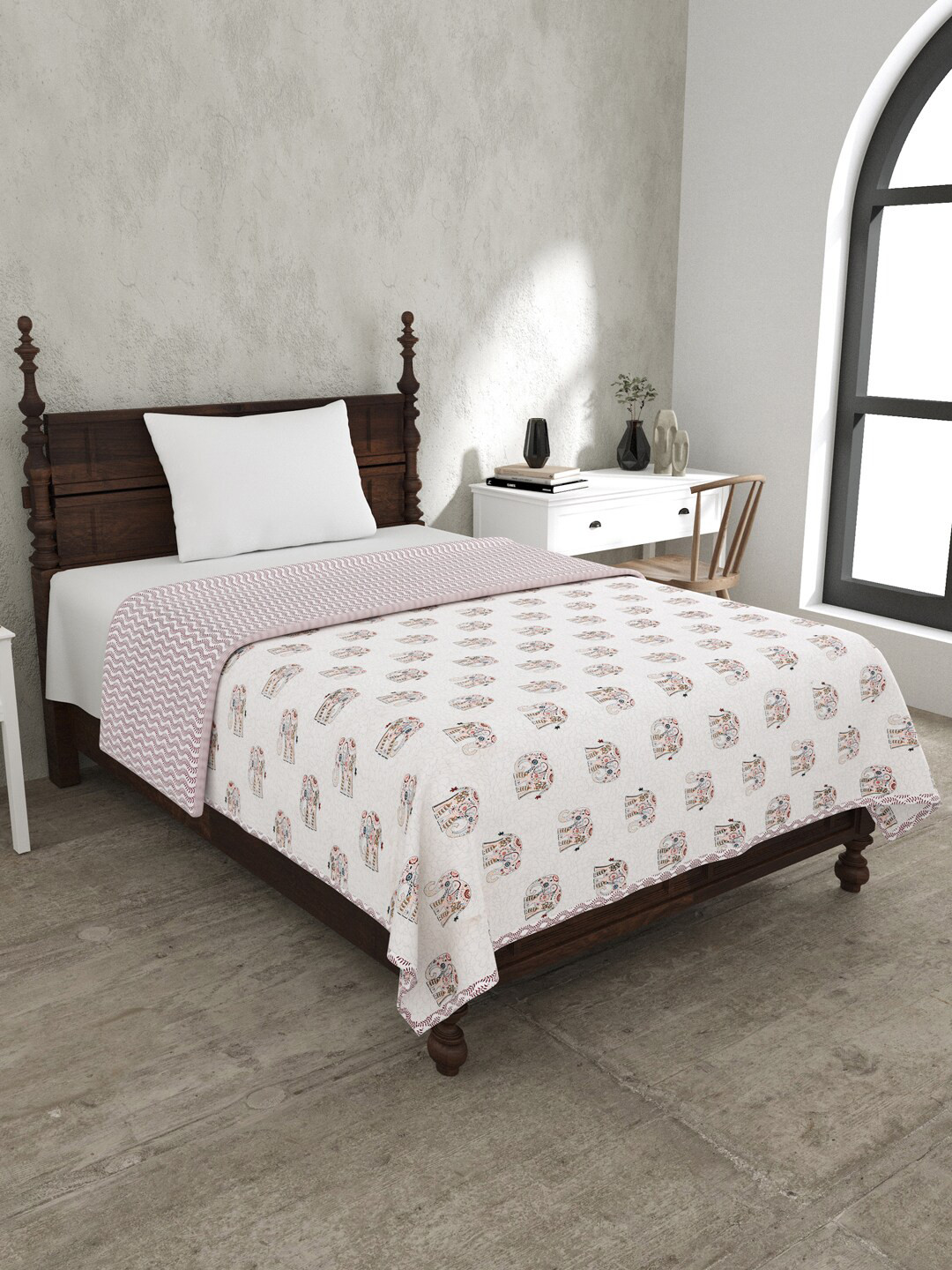 JAIPUR FABRIC White & Pink Mild Winter Pure Cotton 120 GSM Single Bed Dohar