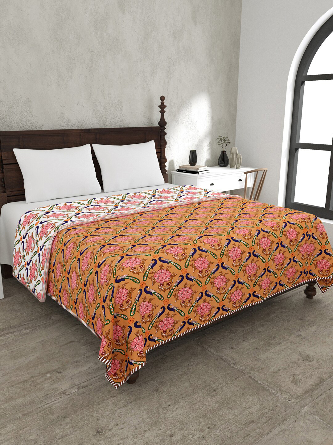 JAIPUR FABRIC Brown & White Floral Pure Cotton Mild Winter 120 GSM Double Bed Dohar