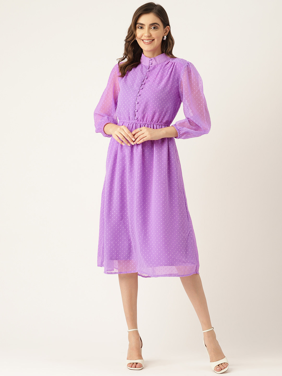 LABEL REGALIA Self-Design Puff Sleeve Fit & Flare Dress