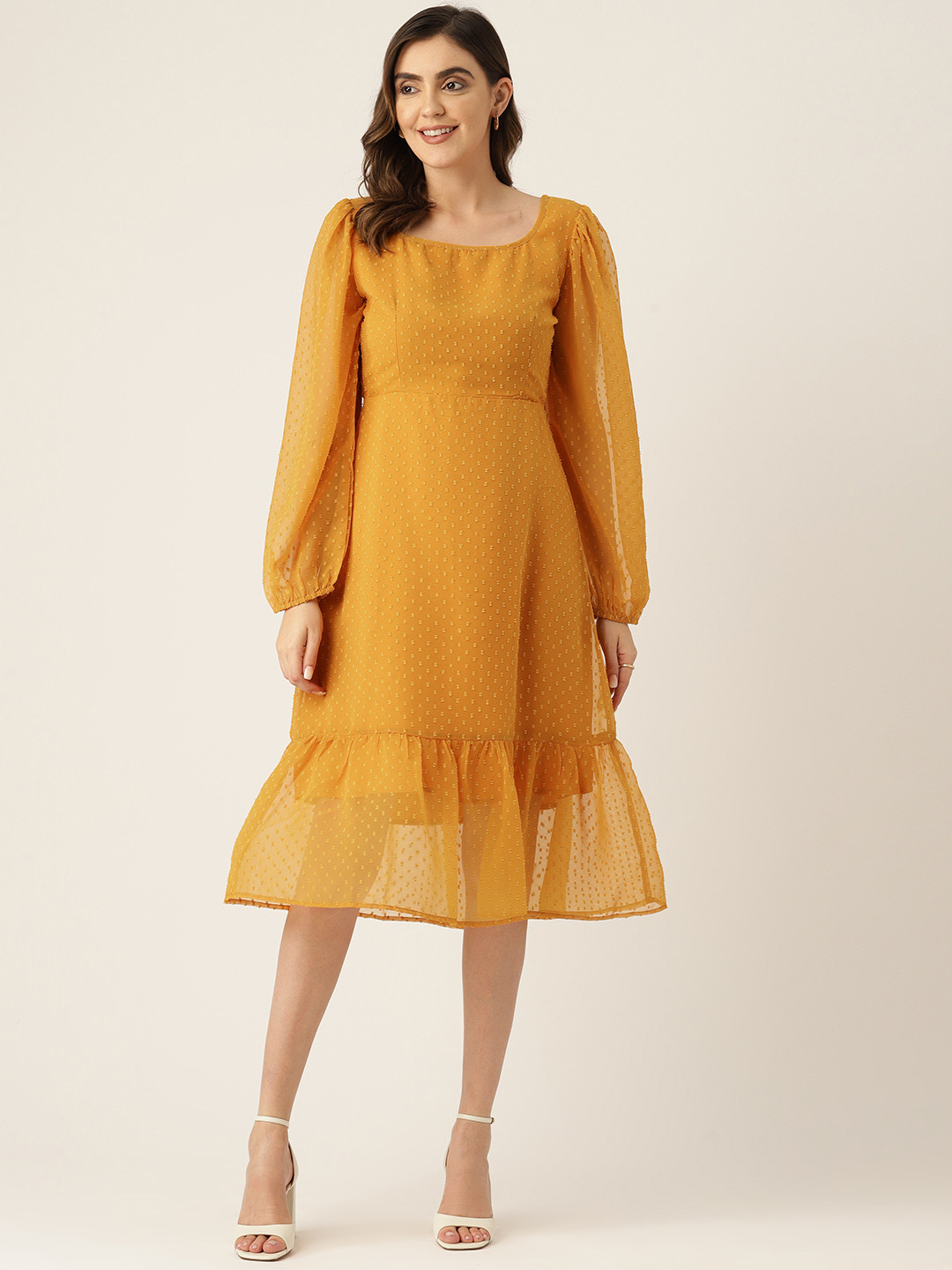 LABEL REGALIA Yellow Georgette A-Line Midi Dress