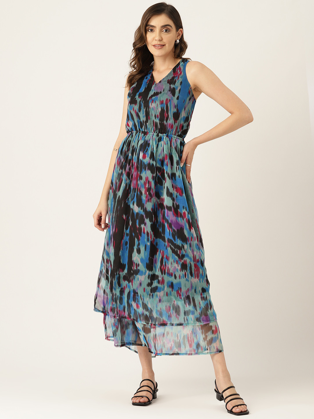 LABEL REGALIA Ethnic Motifs Printed Styled Back Chiffon Fit and Flare Shape Midi Dress