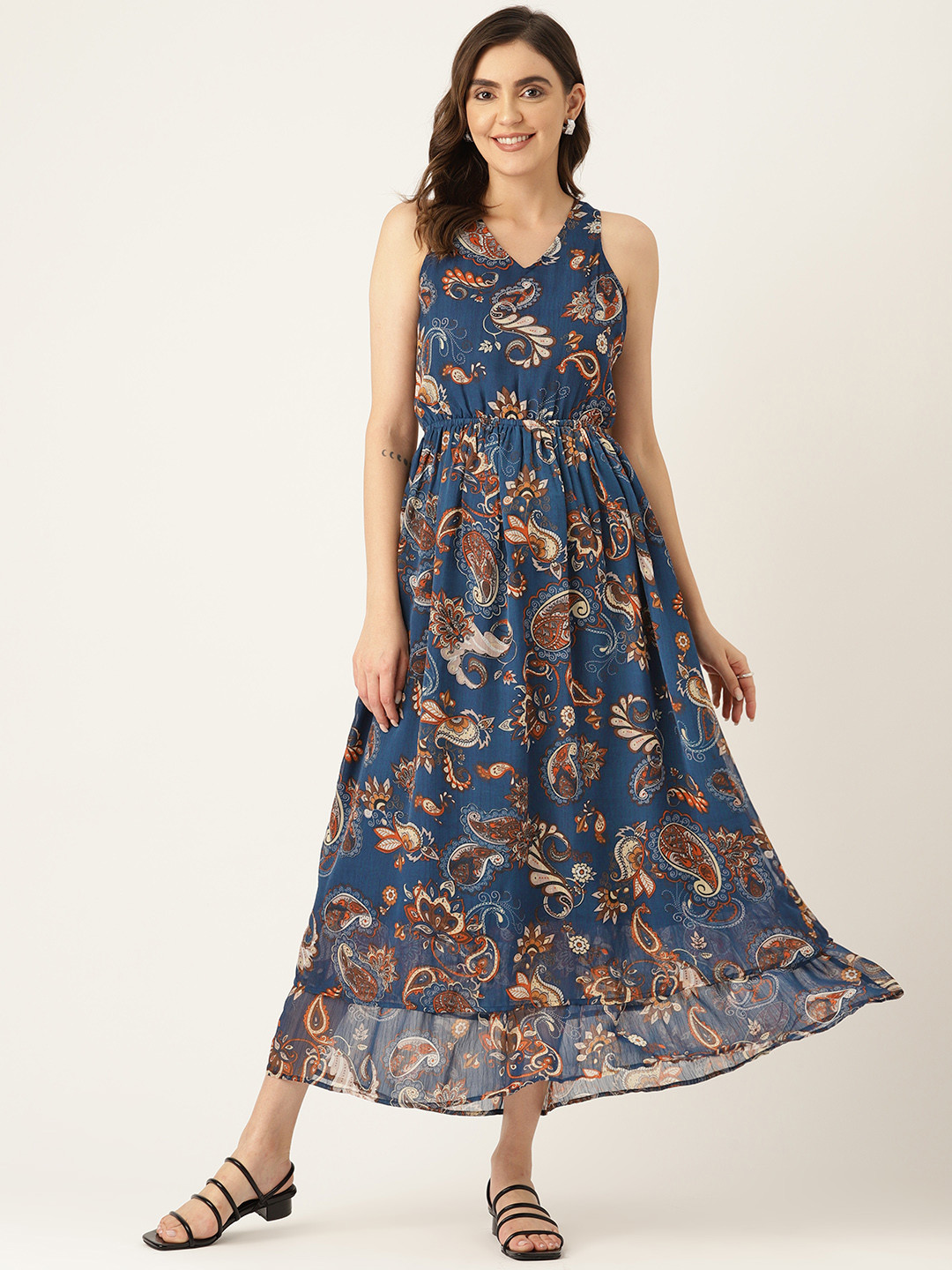 LABEL REGALIA Ethnic Motifs Printed Styled Back Chiffon Fit and Flare Shape Midi Dress