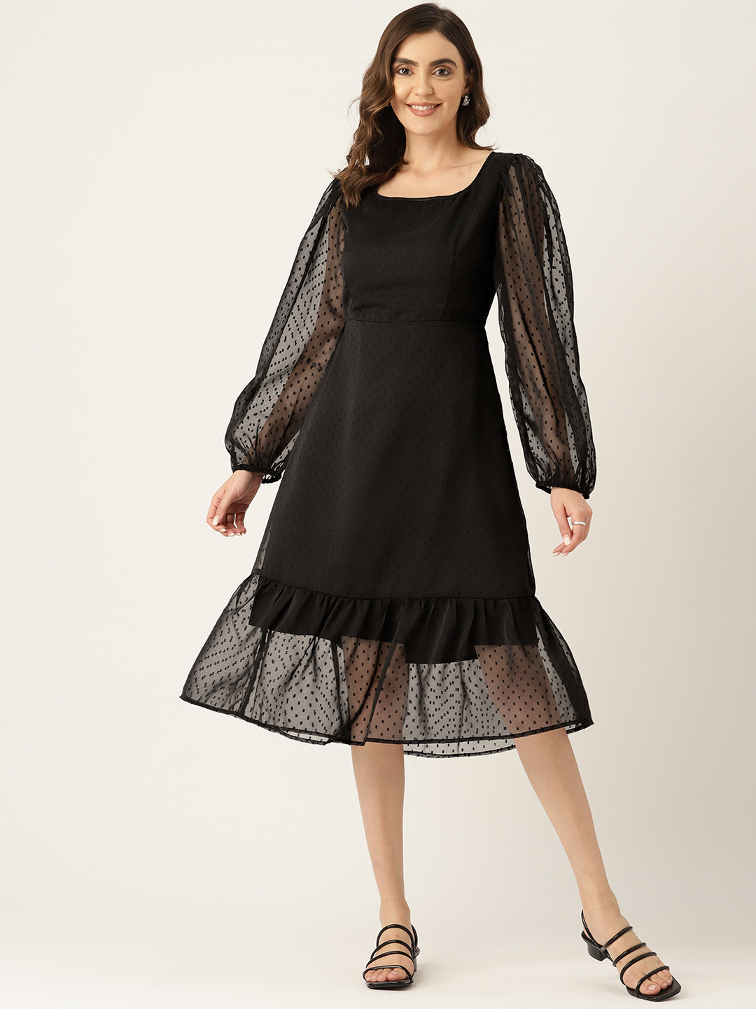 LABEL REGALIA Self-Design Puff Sleeve A-Line Midi Dress
