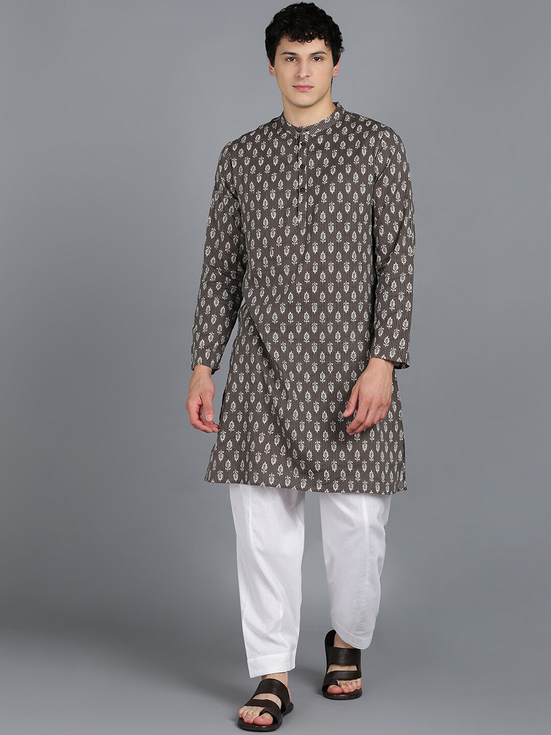 HERE&NOW Brown & White Ethnic Motif Printed Band Collar Pure Cotton Kurta With Pyjamas