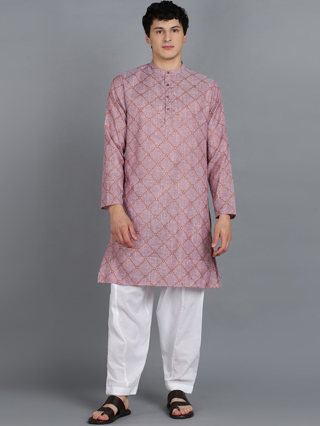 HERE&NOW Brown & White Ethnic Motif Printed Band Collar Kurta With Pyjamas