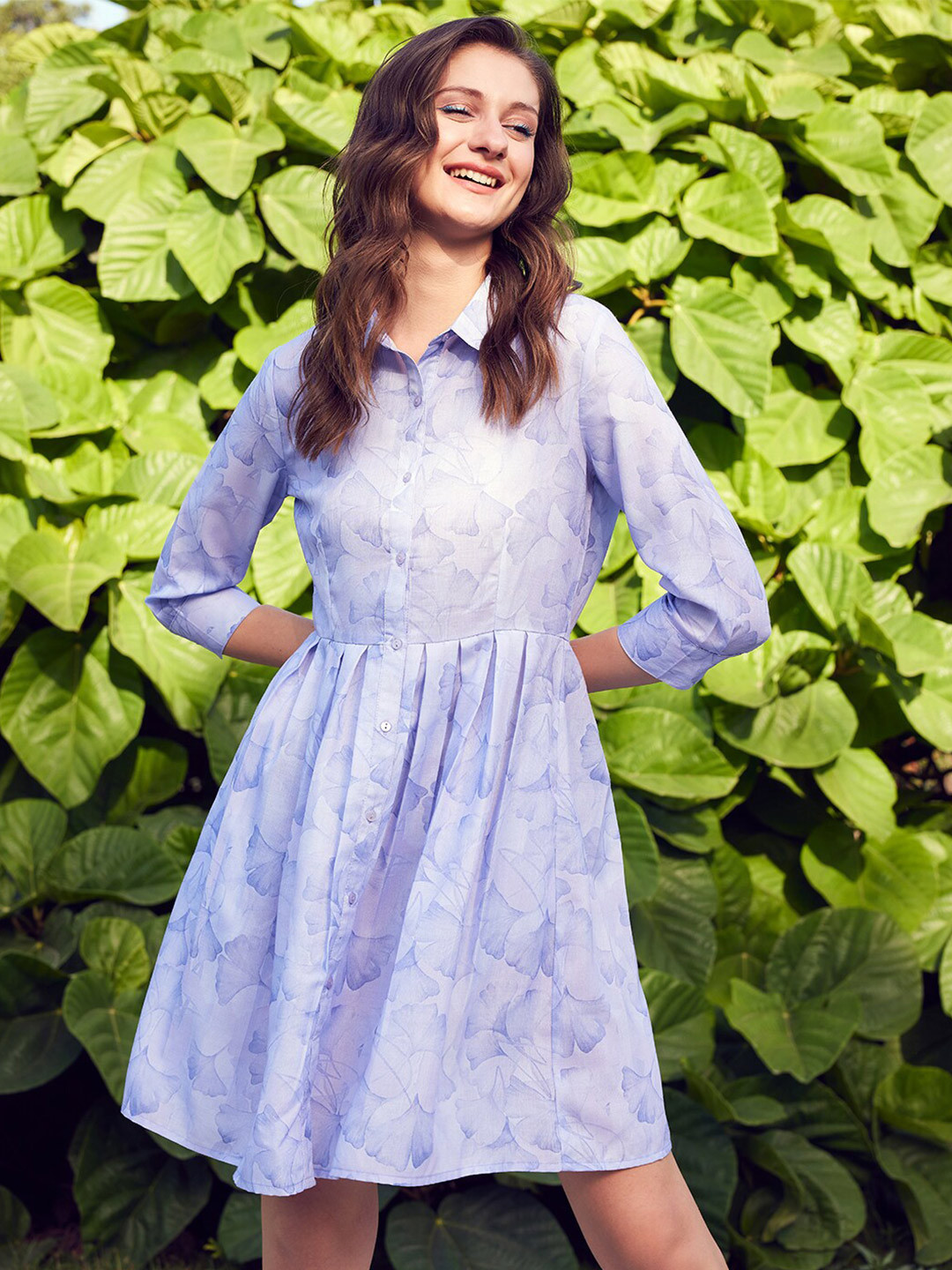 STREET 9 Floral Printed Cuffed Seeves Linen Fit & Flare Mini Dress