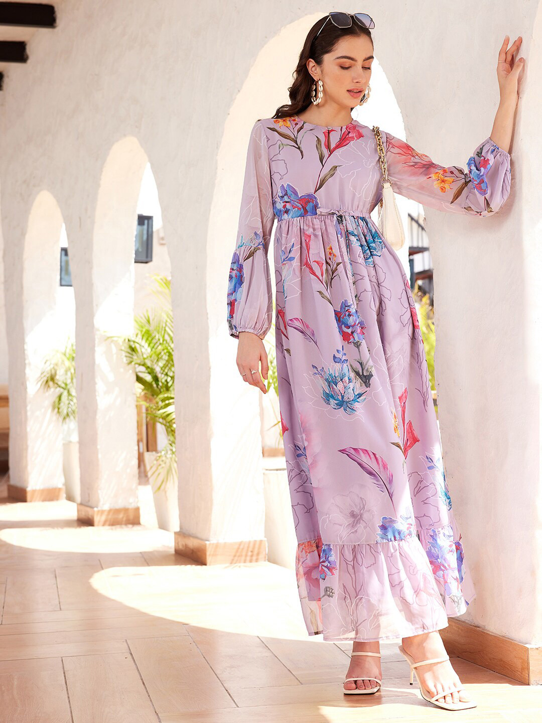 STREET 9 Floral Printed Puffed Sleeves Gatheres And Pleated Georgette Maxi Dress