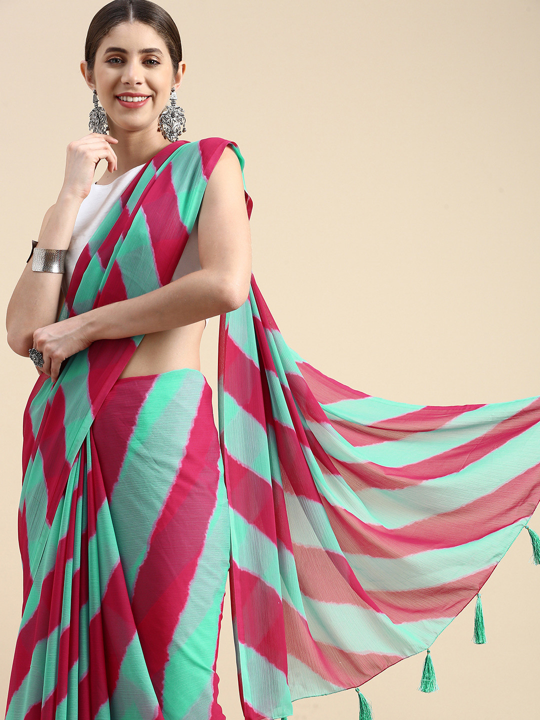 Rani Saahiba Sea Green & Fuchsia Leheriya Poly Chiffon Leheriya Saree