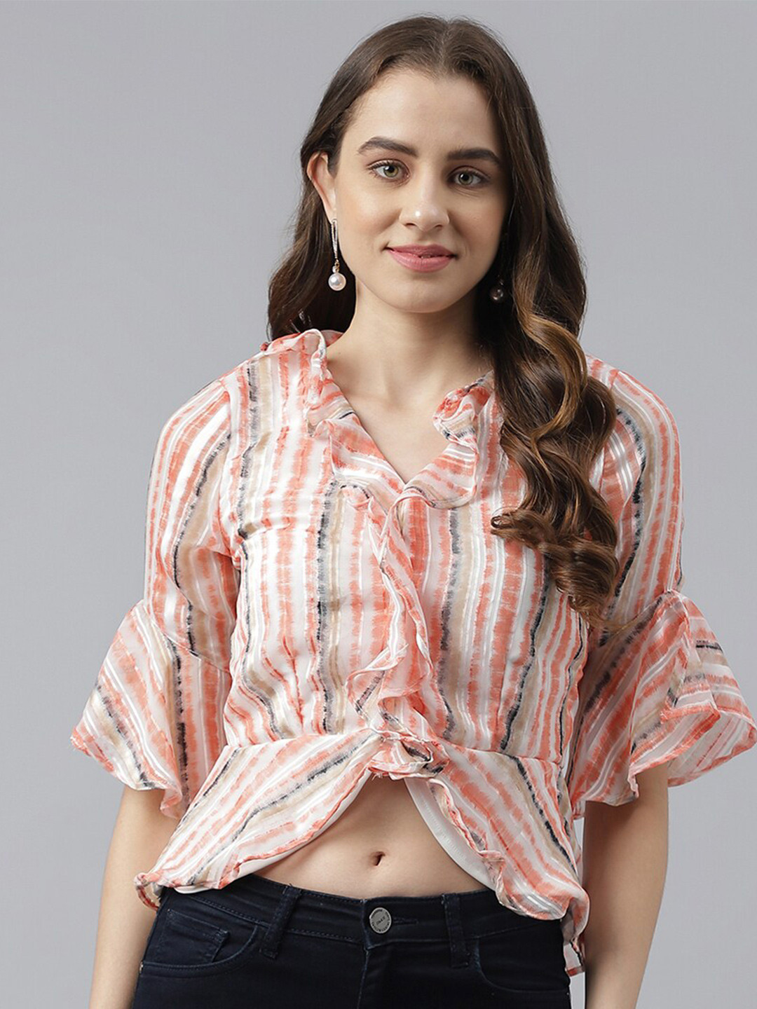 Latin Quarters Striped V-neck Bell Sleeves Ruffles Top
