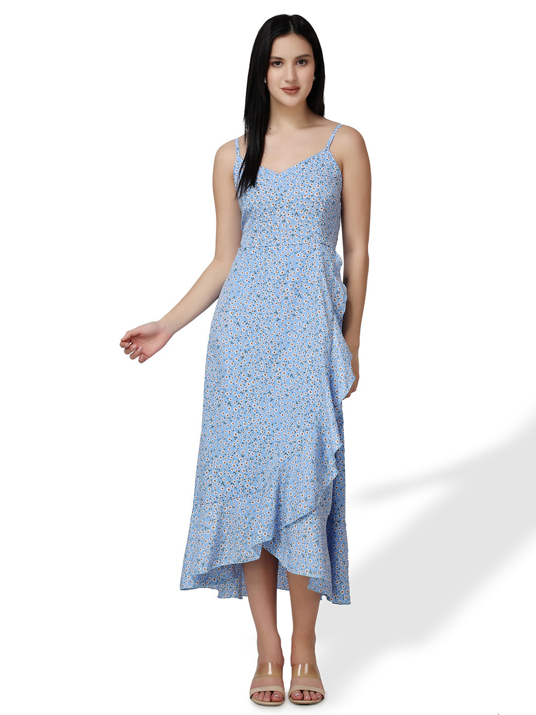 Popwings Floral Printed Asymmetrical Hem A-Line Ruffle Midi Dress