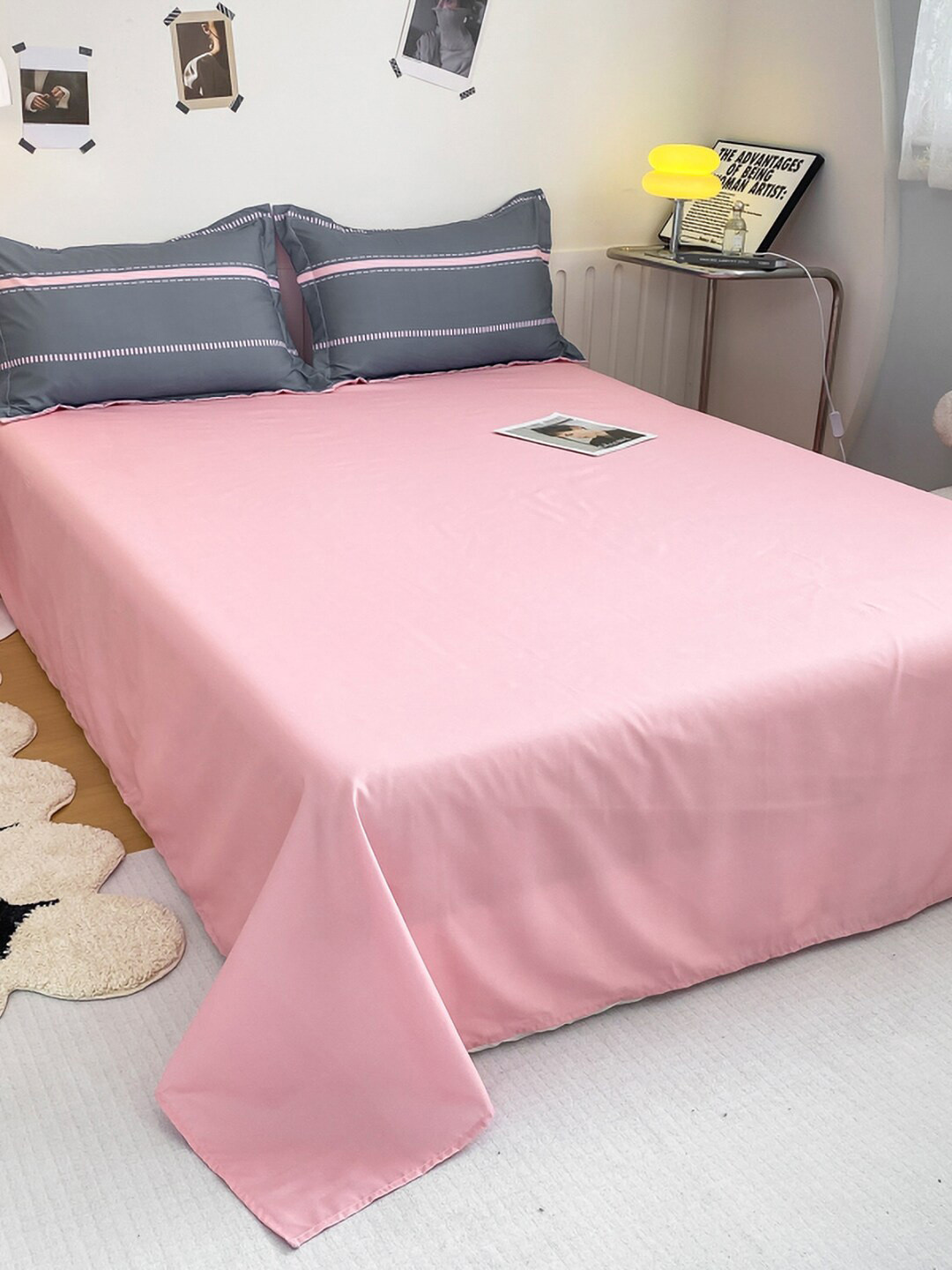 JC HOME Pink & Grey Striped Double Queen Bedding Set