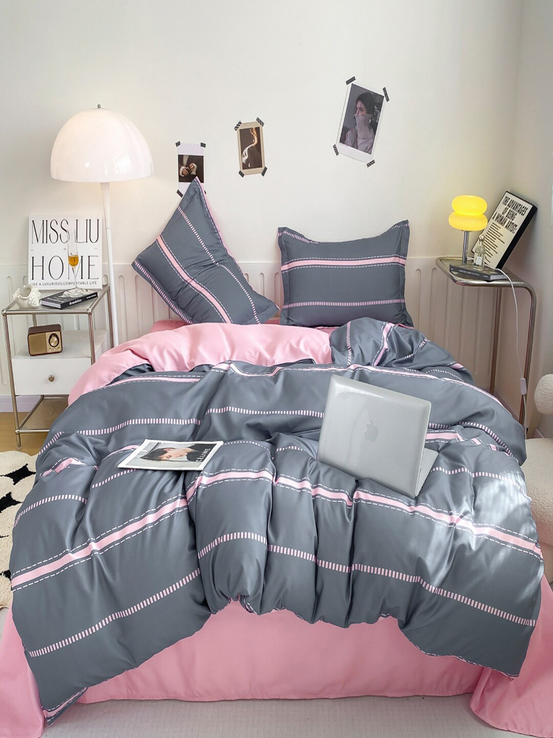 JC HOME Pink Striped Single Bedding Set