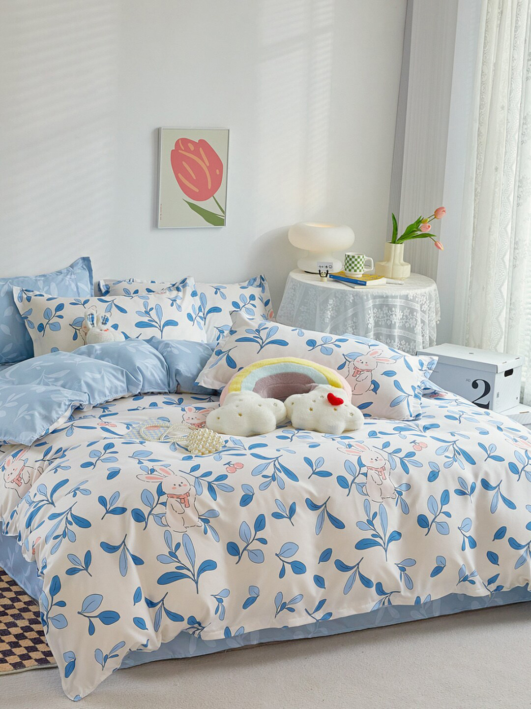 JC HOME Blue  White Printed Double Bedding Set