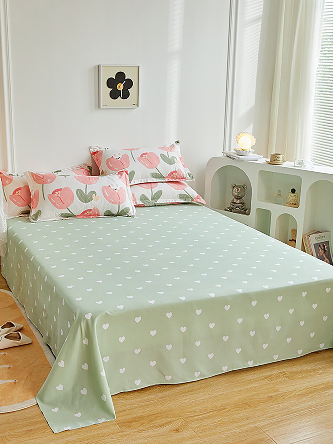 JC HOME White  Pink Floral Printed Single Bed Bedding Set