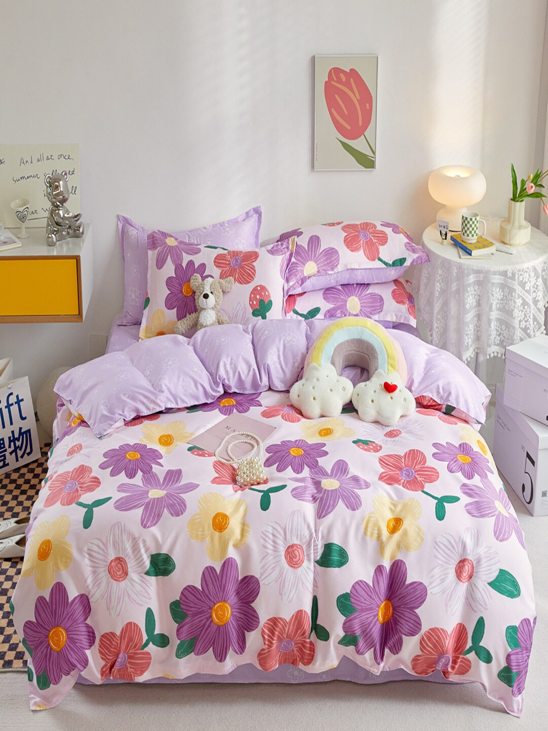 JC HOME White & Purple Floral Printed Double Extra Large Bedding Set