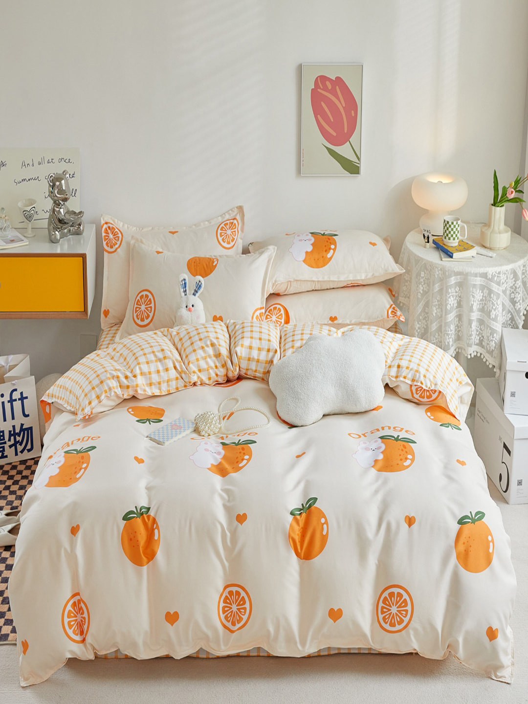 JC HOME White & Orange-Color Printed Double King Bedding Set