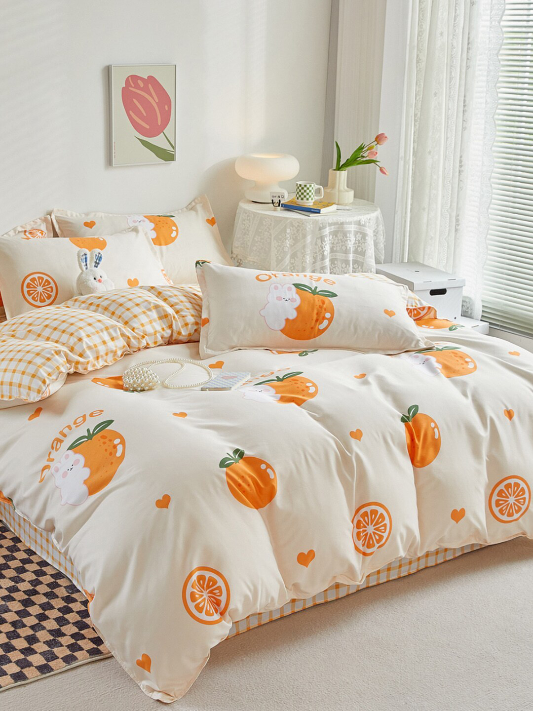 JC HOME White & Orange-Color Printed Double King Bedding Set